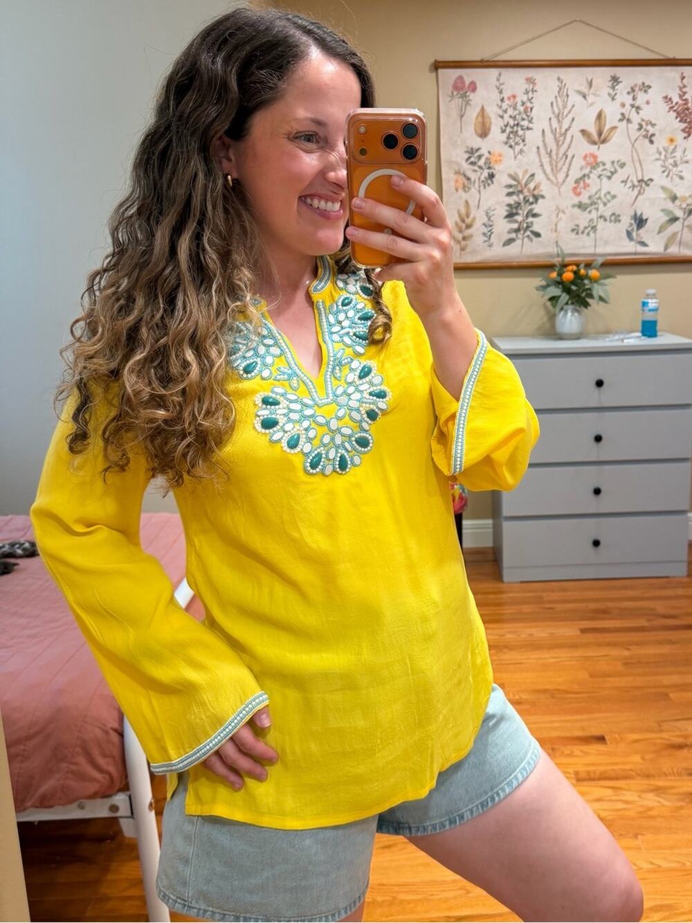 NWT Soft Surroundings Yellow Blue Beaded V-Neck Tunic Top Small